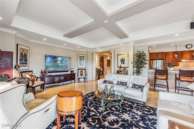 living room featuring coffered ceiling, ornate columns, beam ceiling, ornamental molding, and light tile patterned floors