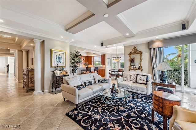 living room featuring ornamental molding, coffered ceiling, light tile patterned floors, and plenty of natural light