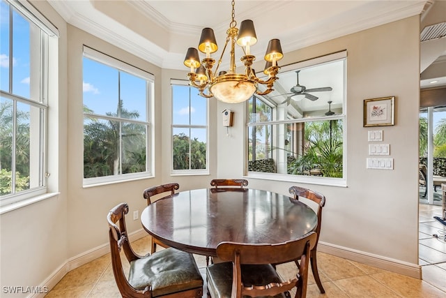 tiled dining area with crown molding and ceiling fan with notable chandelier