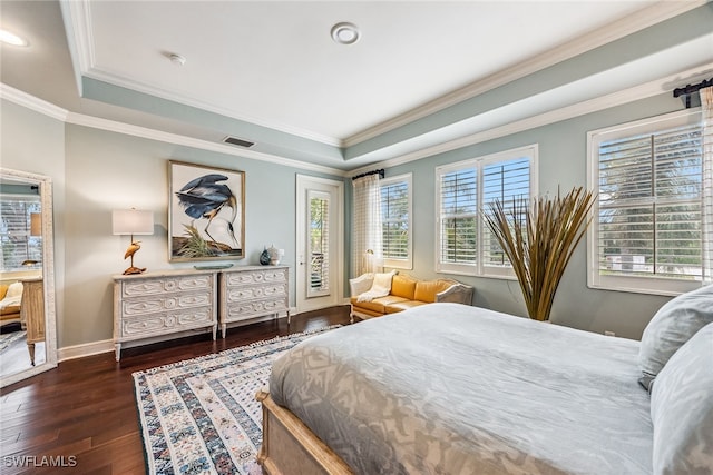 bedroom with multiple windows, ornamental molding, and dark wood-type flooring