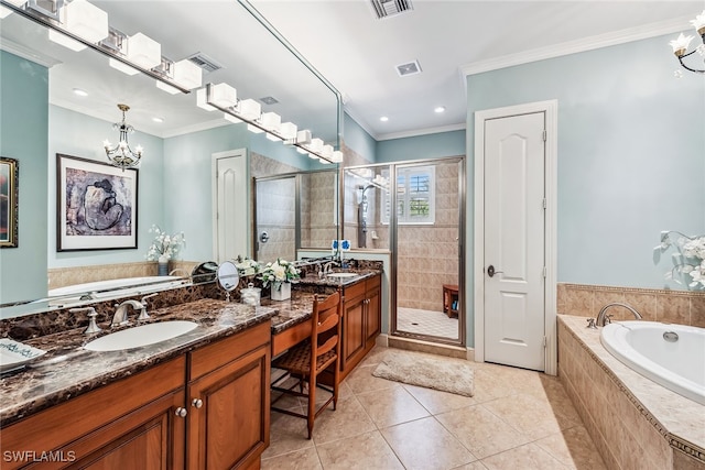 bathroom with vanity, crown molding, tile patterned floors, and independent shower and bath