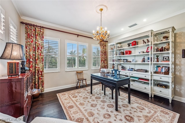 office space with ornamental molding, dark hardwood / wood-style flooring, and a chandelier