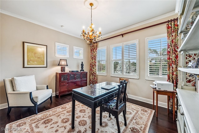 home office featuring ornamental molding, a chandelier, and dark hardwood / wood-style flooring