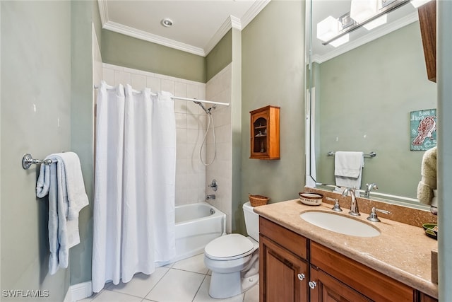 full bathroom with toilet, tile patterned floors, vanity, crown molding, and shower / bathtub combination with curtain