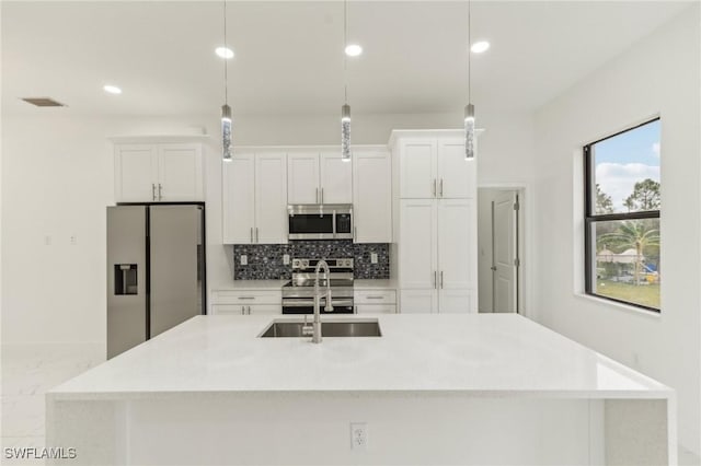 kitchen with white cabinetry, pendant lighting, and appliances with stainless steel finishes