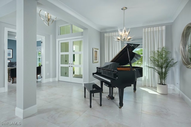 misc room with an inviting chandelier, french doors, and crown molding