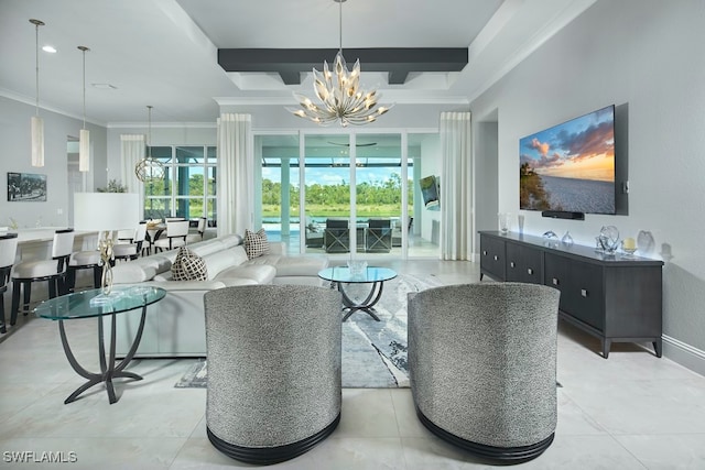 living room featuring ornamental molding, a chandelier, and light tile patterned floors