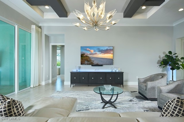 living room with crown molding, a chandelier, and light tile patterned floors