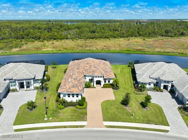 bird's eye view with a water view