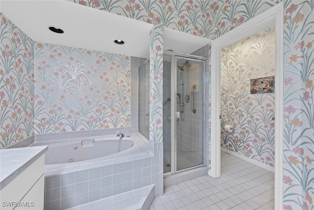 bathroom with vanity, tile patterned floors, and separate shower and tub