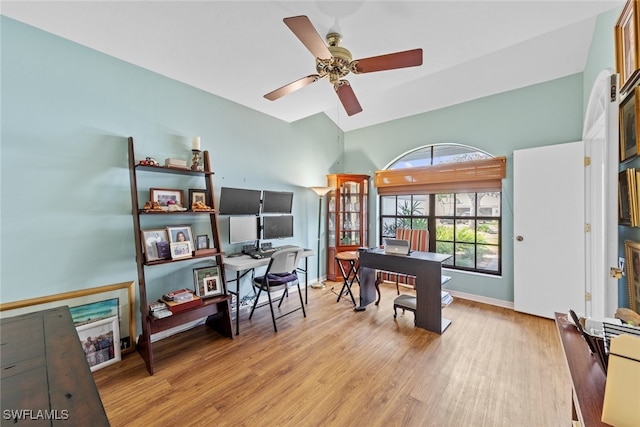 office area featuring light hardwood / wood-style floors and ceiling fan