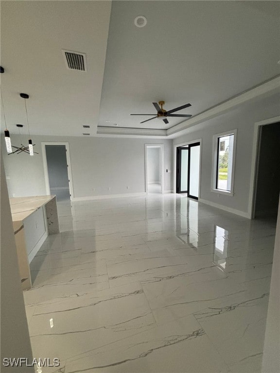 spare room featuring a tray ceiling and ceiling fan