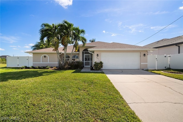 single story home with a front lawn and a garage