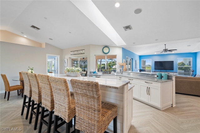 kitchen featuring light parquet floors, a healthy amount of sunlight, light stone counters, and white cabinets