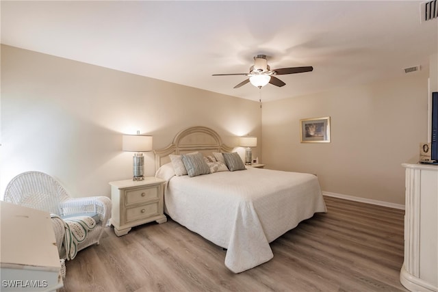 bedroom with ceiling fan and wood-type flooring