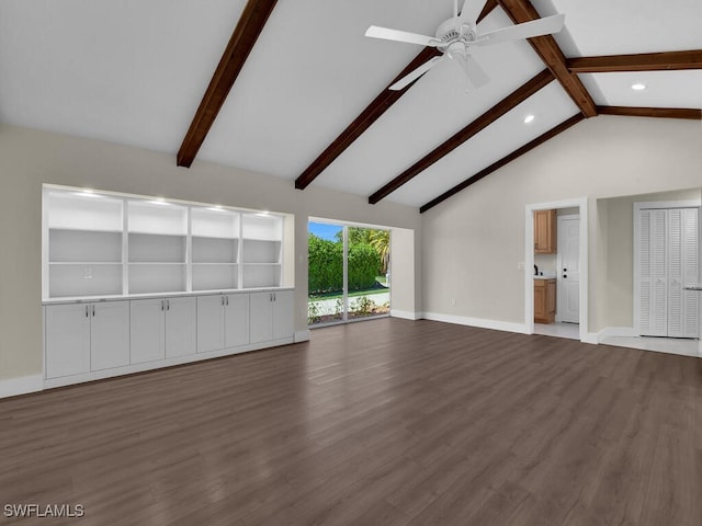 unfurnished living room with high vaulted ceiling, ceiling fan, beamed ceiling, and hardwood / wood-style flooring