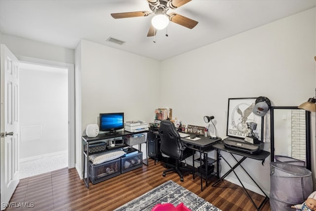 office area with ceiling fan and dark hardwood / wood-style floors