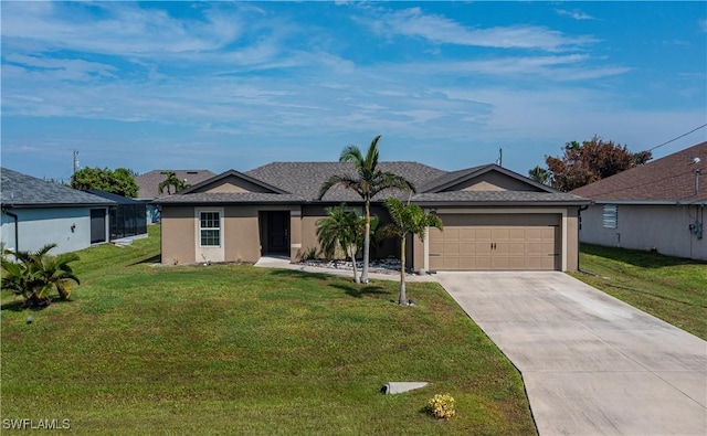 single story home featuring a front yard and a garage