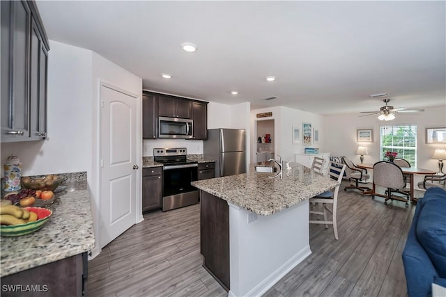 kitchen featuring light hardwood / wood-style flooring, ceiling fan, light stone countertops, an island with sink, and appliances with stainless steel finishes