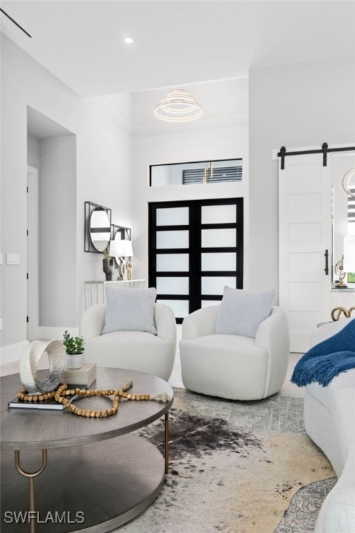 living room with a barn door