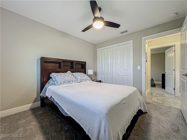 bedroom featuring carpet, a closet, and ceiling fan