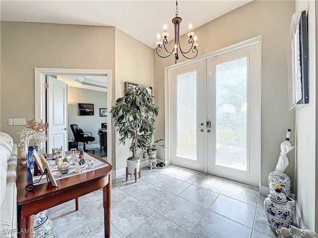 doorway to outside with french doors, light tile patterned floors, an inviting chandelier, and vaulted ceiling