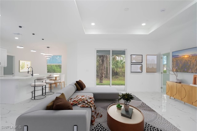 living room featuring a raised ceiling and sink