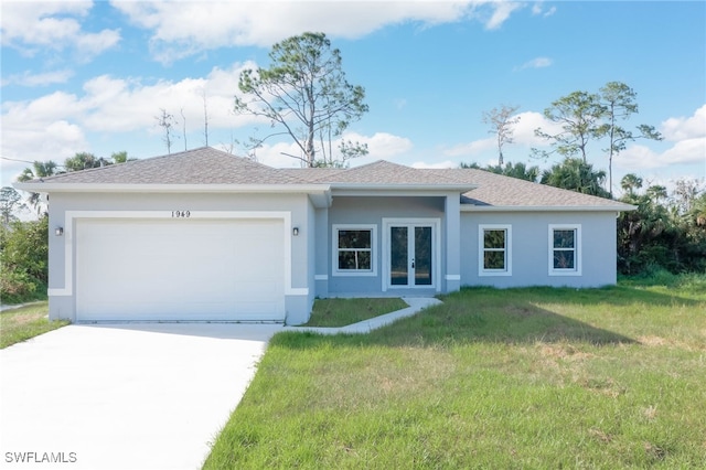 ranch-style house featuring a garage, concrete driveway, french doors, stucco siding, and a front yard