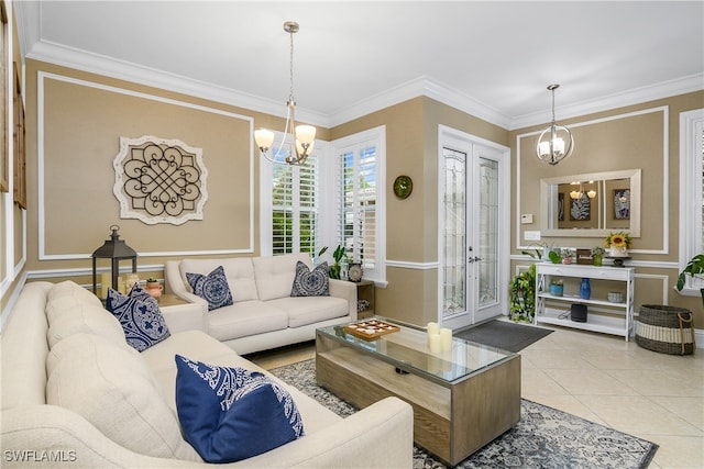 tiled living room featuring ornamental molding and a chandelier