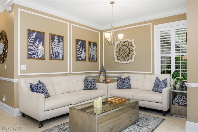 living room with ornamental molding, an inviting chandelier, and light tile patterned floors