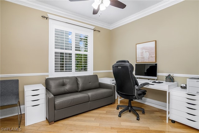 office space with crown molding, light hardwood / wood-style flooring, and ceiling fan