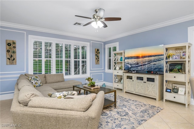 tiled living room with crown molding and ceiling fan