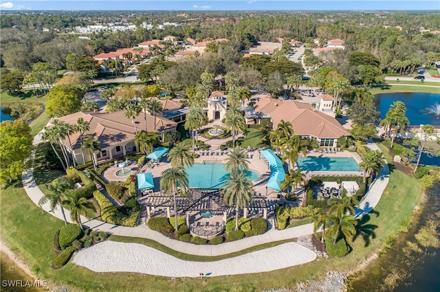 aerial view featuring a water view