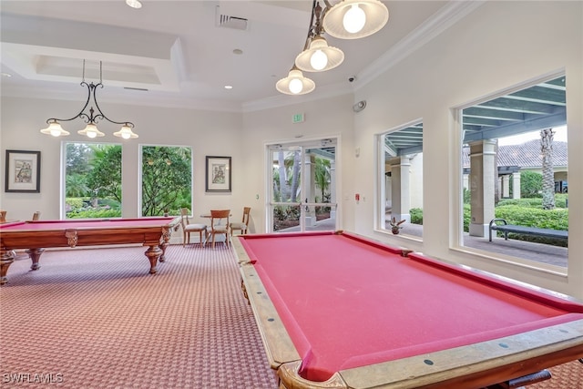 recreation room with plenty of natural light, ornamental molding, carpet, and pool table