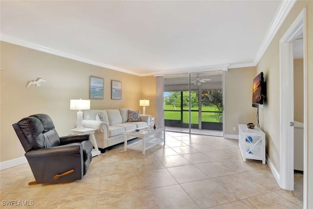 tiled living room featuring ornamental molding and ceiling fan