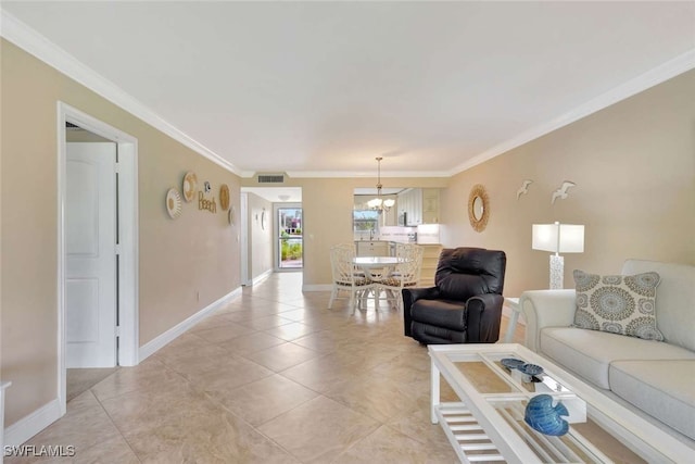 living room with light tile patterned floors and ornamental molding