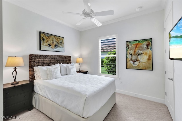 carpeted bedroom with crown molding, multiple windows, and ceiling fan