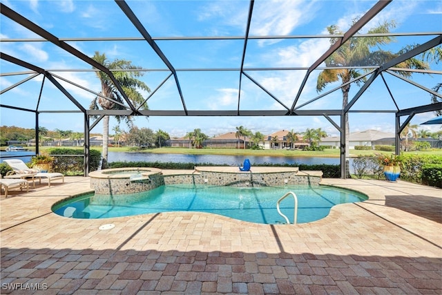 view of swimming pool with a patio area, an in ground hot tub, a water view, and a lanai