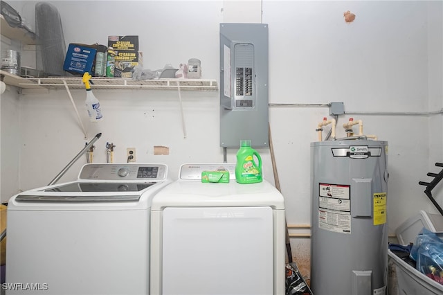 washroom with independent washer and dryer, water heater, and electric panel