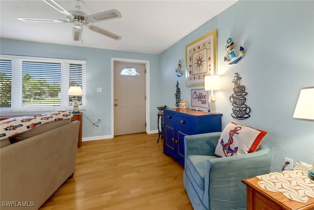 interior space with ceiling fan and light hardwood / wood-style floors