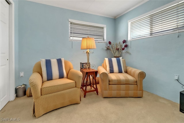 sitting room featuring carpet flooring and ornamental molding