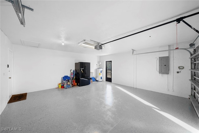 garage with water heater, a garage door opener, black refrigerator with ice dispenser, and electric panel