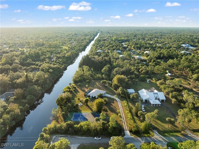 drone / aerial view featuring a water view and a view of trees