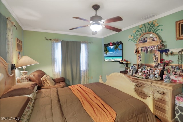 bedroom featuring ceiling fan and crown molding