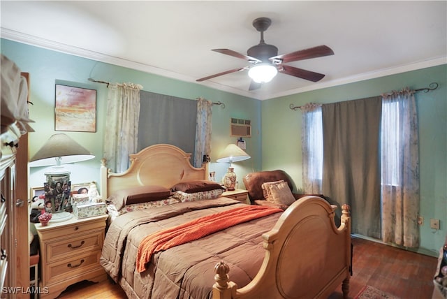 bedroom with ornamental molding, a wall mounted AC, dark hardwood / wood-style floors, and ceiling fan