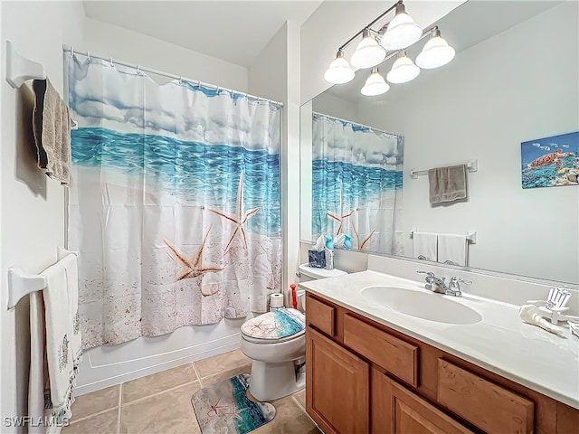 full bathroom featuring vanity, shower / bath combo, toilet, and tile patterned floors