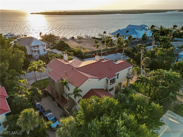 aerial view at dusk featuring a water view