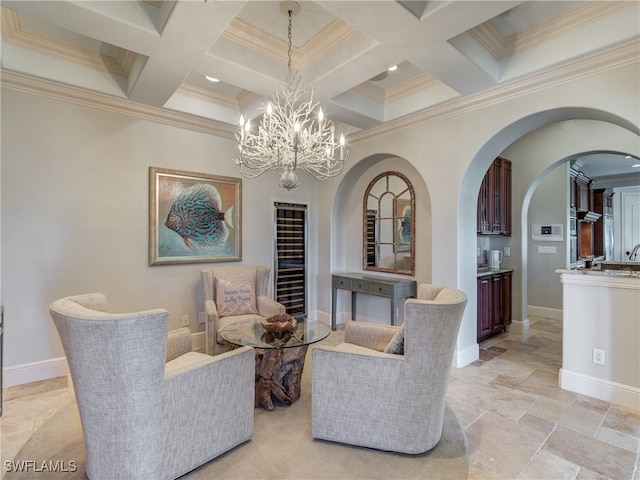 interior space with beamed ceiling, crown molding, coffered ceiling, and beverage cooler