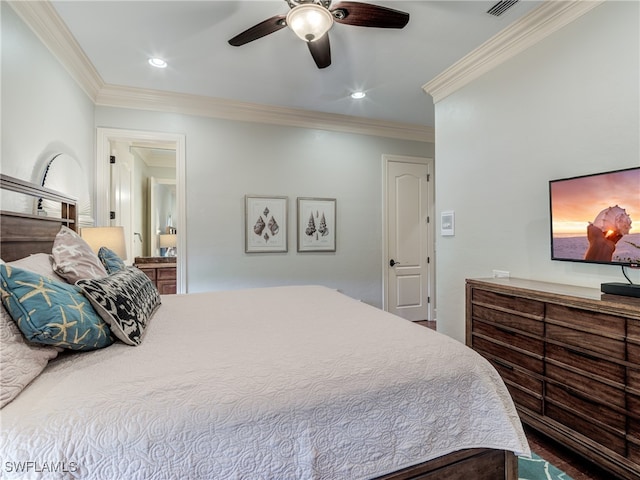 bedroom featuring crown molding, ensuite bath, and ceiling fan