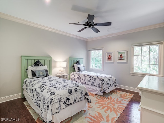 bedroom with dark wood-type flooring, multiple windows, and ceiling fan